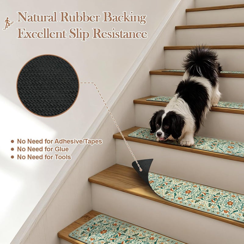 Ojia Floral Stair Treads Non-Slip Stair Runner for Wooden Steps Indoor 15PCS 30"x8" Carpet Stair Treads Stair Mats Staircase Step Treads for Kids, Elders and Dogs, Stair Covers, Beige - Image 3